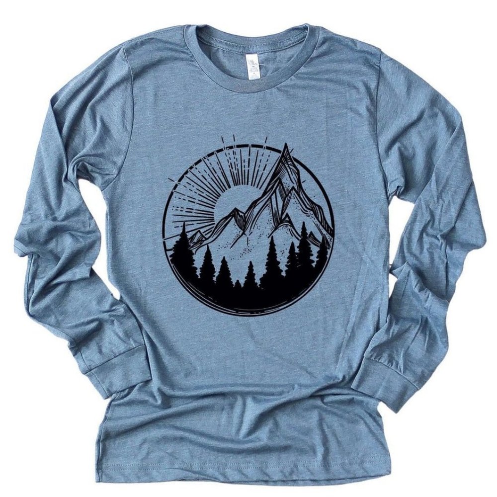 Experience Nature and Style with Our Sun and Mountains Eco-Friendly Long Sleeve